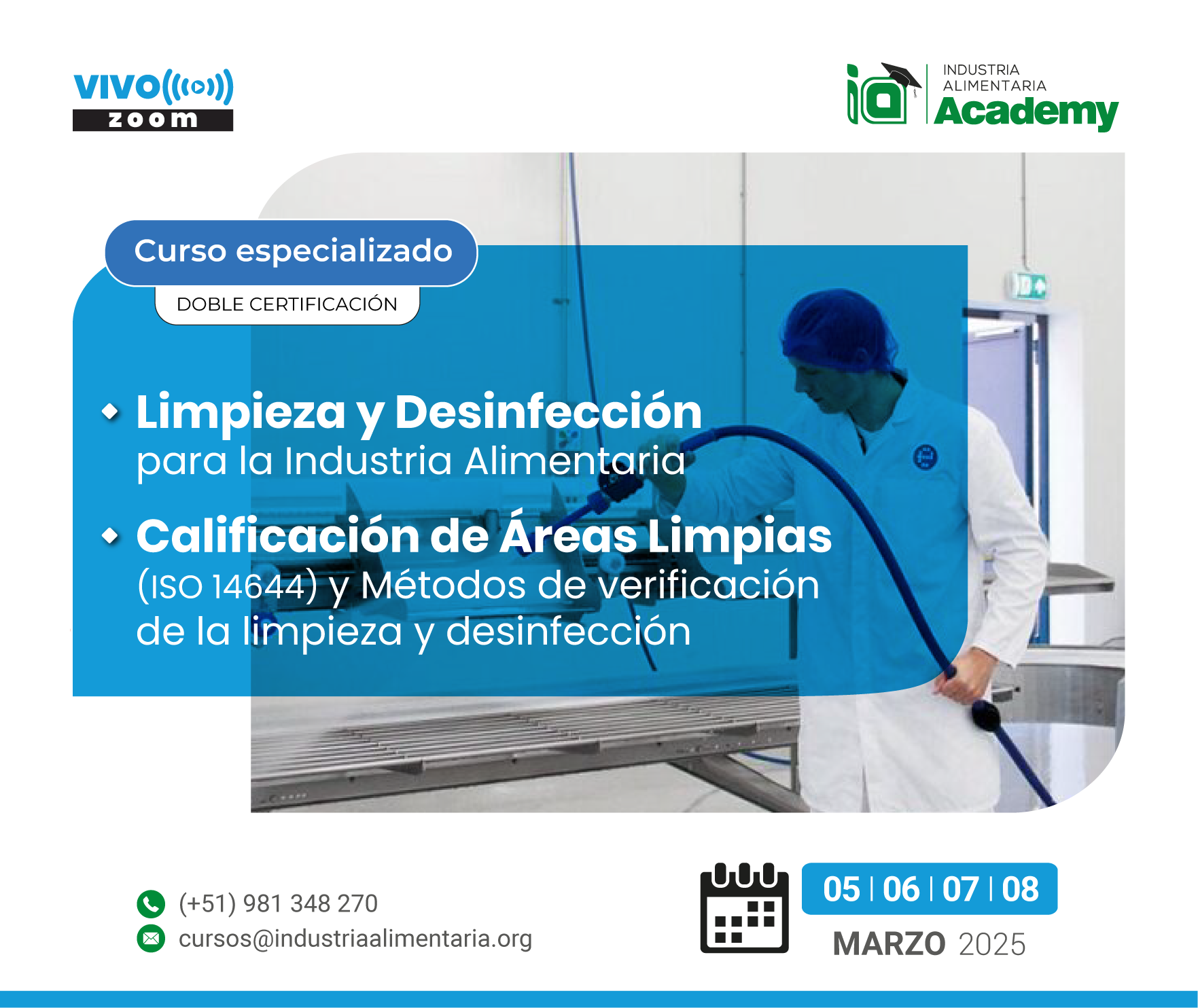 Doble Certificación - Curso Especializado:  Limpieza y Desinfección en la Industria Alimentaria &  Calificación de Áreas Limpias (ISO 14644) y Métodos de Verificación de Limpieza y Desinfección
